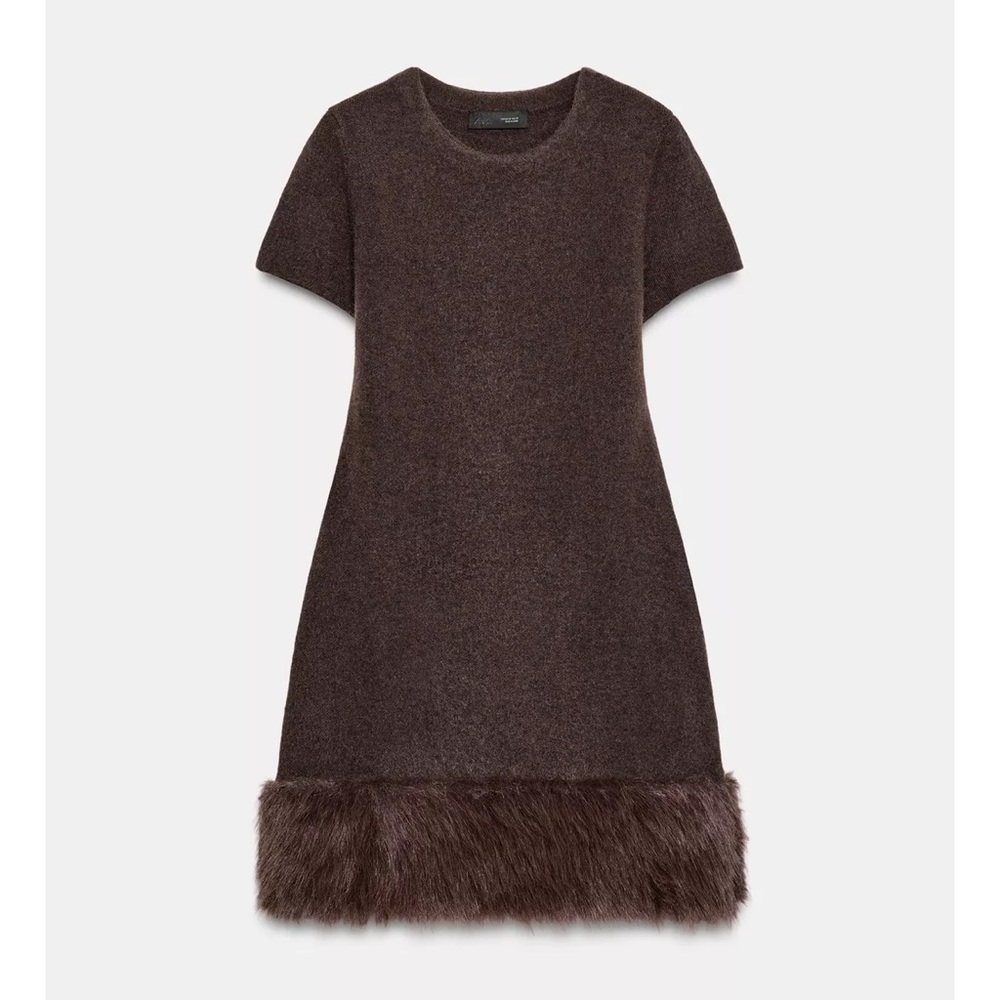Zara Brown Short-Sleeve Mini Dress with Faux-Fur Hem